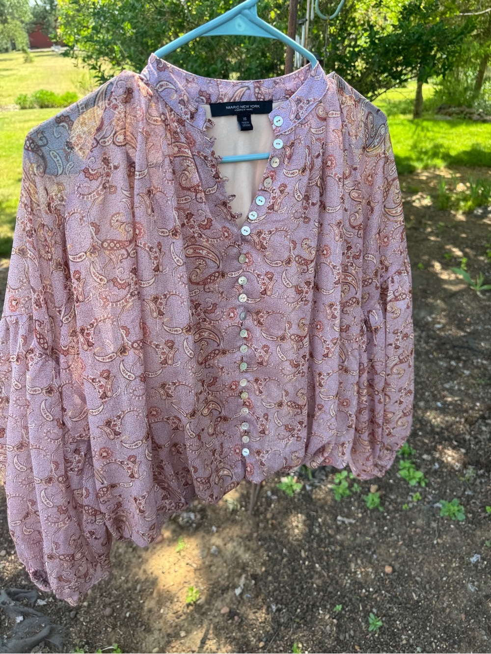 Marc New York Blush Pink Paisley Button-Front Peasant Blouse